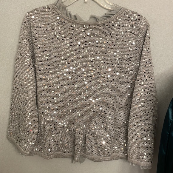 White House Black Market Women's Cardigan Sweater Gray Silver Sequins Ruffle XL - Picture 5 of 8